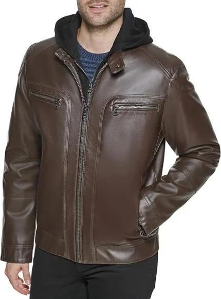 hooded brown leather jacket front