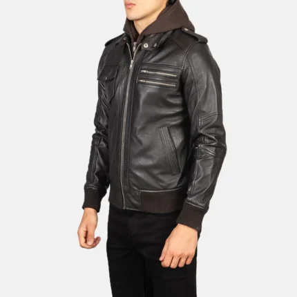 hooded brown leather jacket side