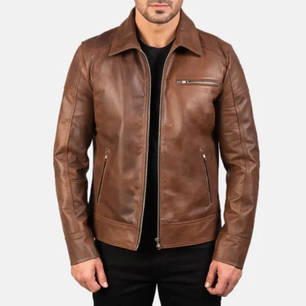 men brown leather jacket