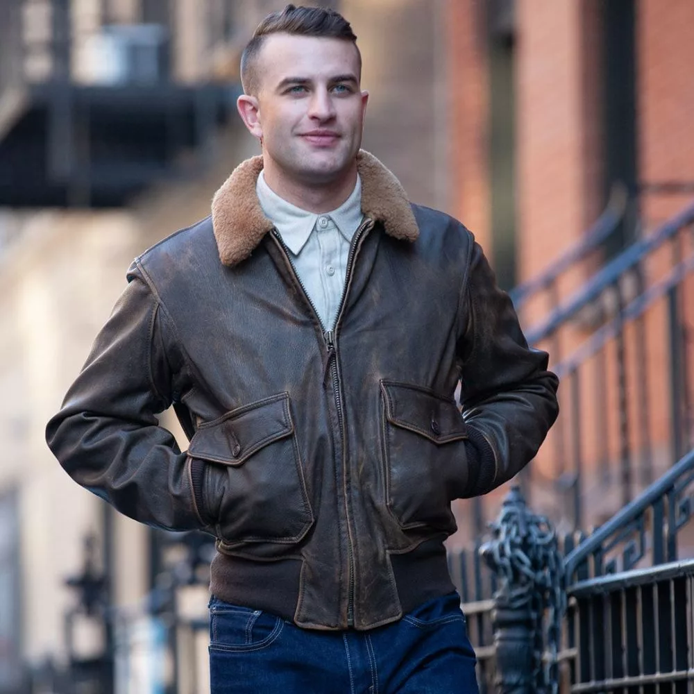 Men’s USN US Navy G-1 Aviator Military Flight Bomber Jacket – Distressed Brown Leather