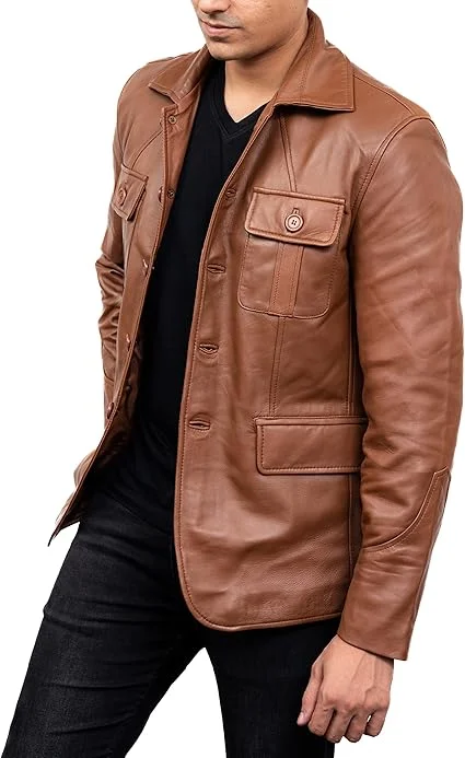 notch style brown leather blazer