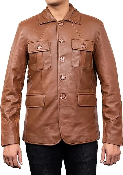 notch style brown leather blazer front