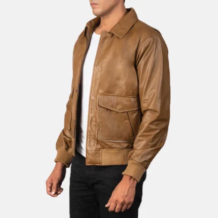 olive brown leather bomber jacket side