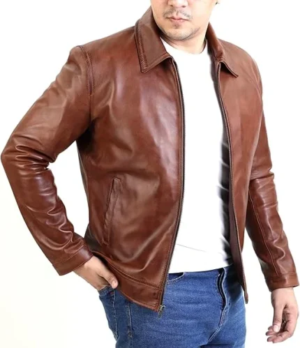 polo collar brown leather jacket men