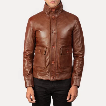premium brown leather jacket front