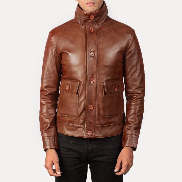 premium brown leather jacket front