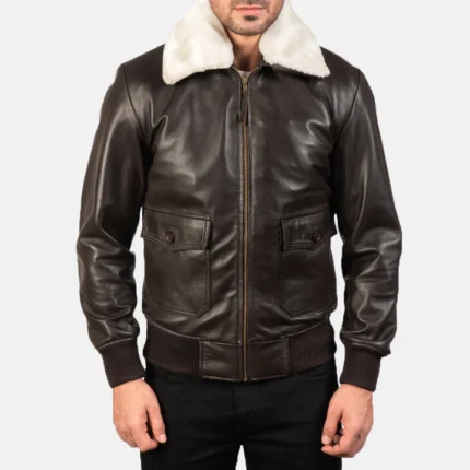 puff bomber brown leather jacket front