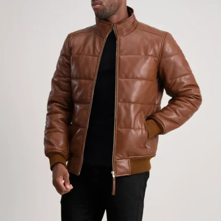 puffer bomber brown leather jacket