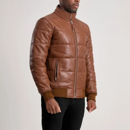 puffer bomber brown leather jacket side