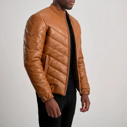 puffer brown leather jacket side