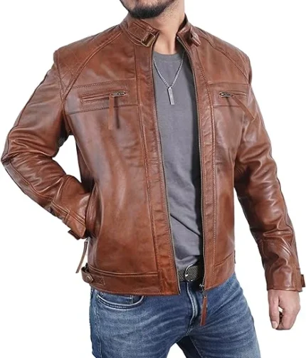 quilted lambskin brown leather jacket open