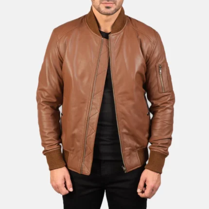 rib knit brown bomber leather jacket