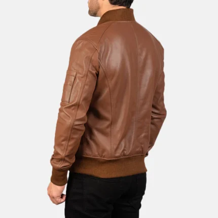 rib knit brown bomber leather jacket back