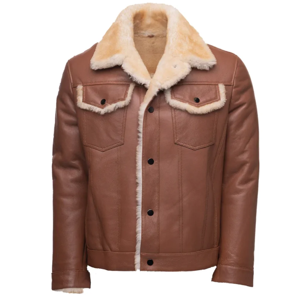 Men’s Brown Shearling Leather Trucker Jacket – Winter Outerwear