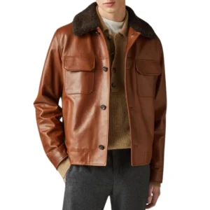 Men’s Brown Leather Jacket with Shearling Collar