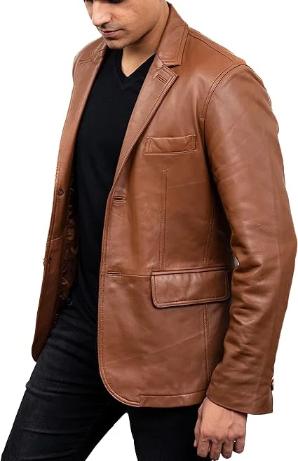 stylish notch collar style brown leather blazer side