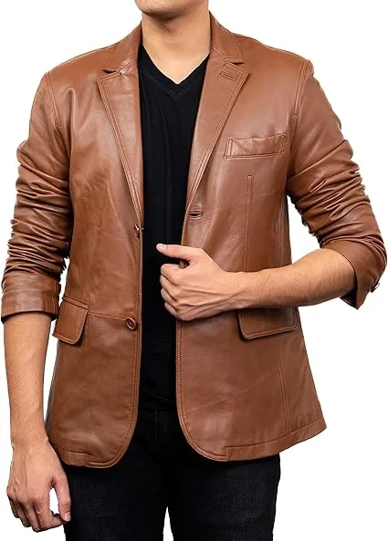 stylish notch collar style brown leather blazer