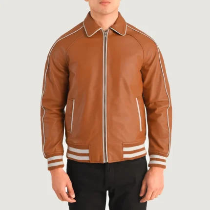 two tone brown leather jacket front