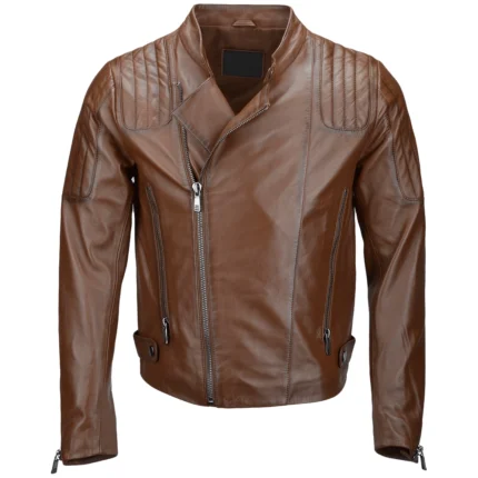 Men’s Quilted Shoulder Brown Leather Jacket – Stylish Biker Outerwear