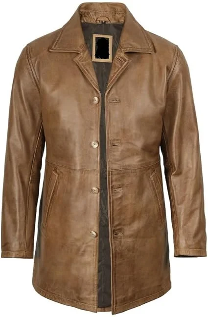 vintage style long camel brown leather jacket front