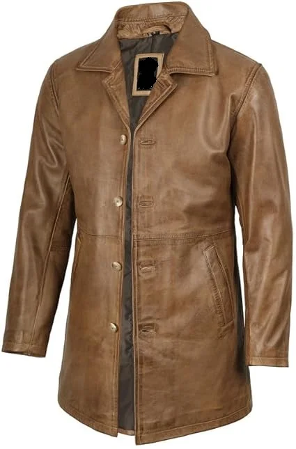 vintage style long camel brown leather jacket