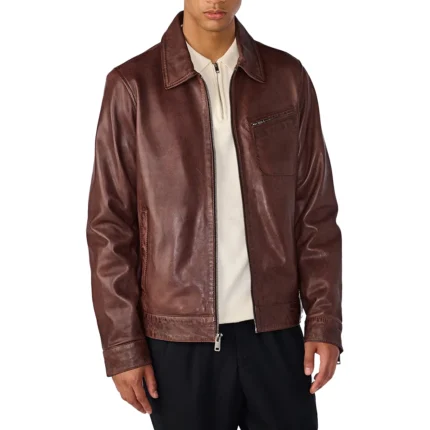 Standard Vintage Brown Collared Leather Jacket For Men