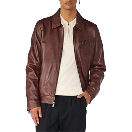 Standard Vintage Brown Collared Leather Jacket For Men
